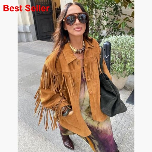 Faux Suede Fringe Jacket Oversized Western Style Long Sleeve - Picture 4 of 5